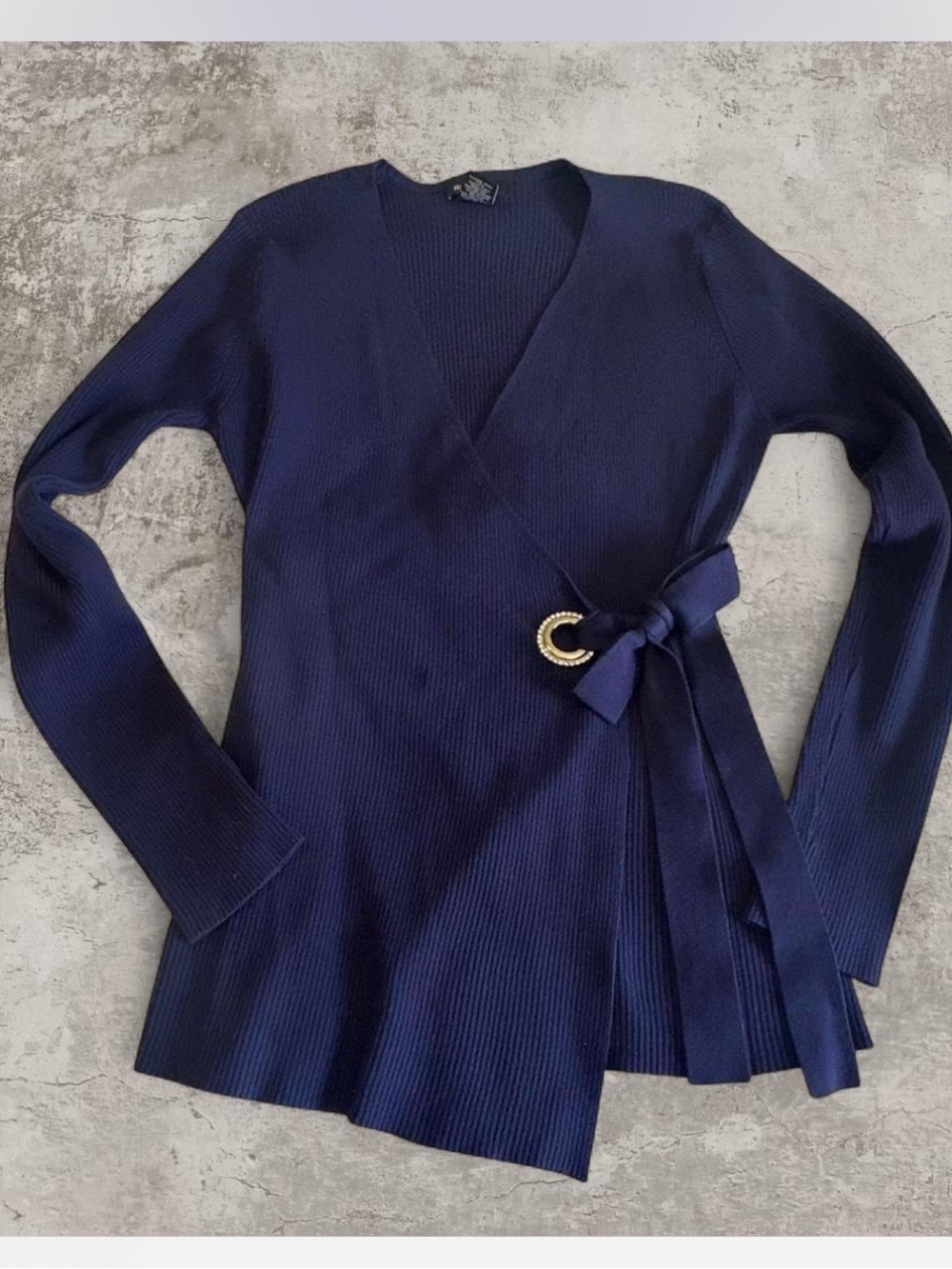 Vintage Y2K Navy Bow Wrap Knit Top | Silver Buckle